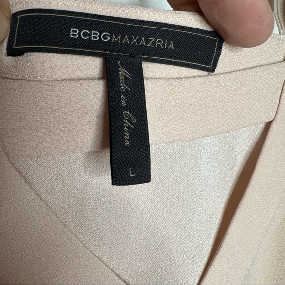 BCBGMAXAZRIA Tina Bare Pink Woven Exposed Shoulder Subtle balloon sleeve top Lg - Picture 8 of 9